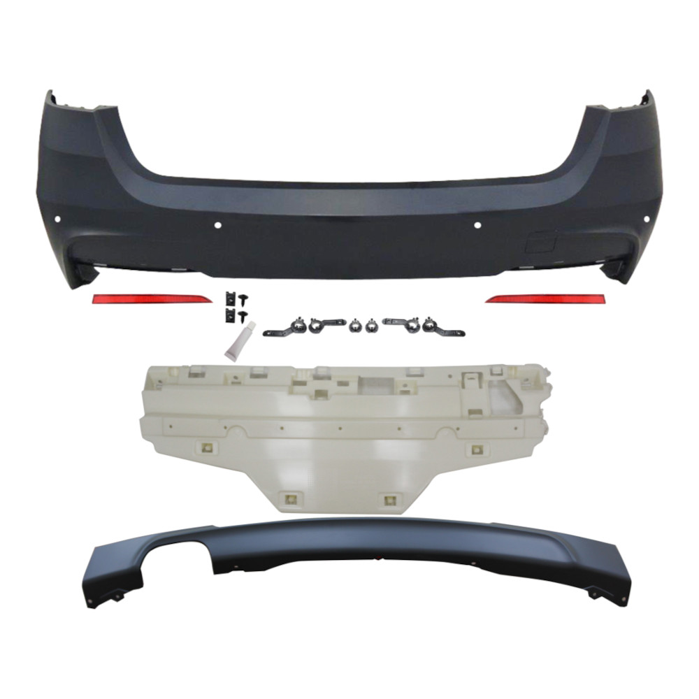 Set bara spate BMW Seria 3 (F31), 01.2012-12.2019, cu catadioptri, cu gauri senzori parcare; grunduit, de vopsit; type M-Tech; cu spoiler; cu iesiri evacuare dubla, cu intaritura; TUNING,
