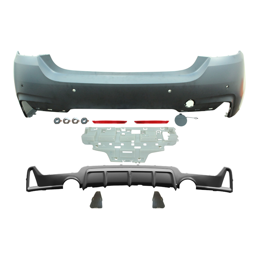 Set bara spate BMW Seria 4 (F32/F33), 12.2013-, cu catadioptri, cu gauri senzori parcare; grunduit, de vopsit; type M-Performance; cu spoiler; cu 2 gauri evacuare, cu intaritura; TUNING,