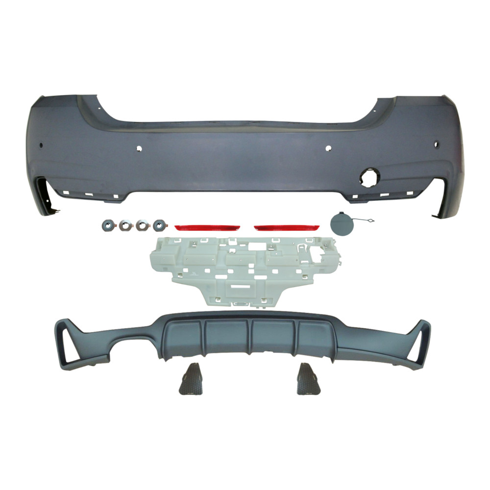 Set bara spate BMW Seria 4 GC (F36), 12.2013-, cu catadioptri, cu gauri senzori parcare; grunduit, de vopsit; type M-Performance; cu spoiler; cu iesiri evacuare dubla, cu intaritura; TUNING,