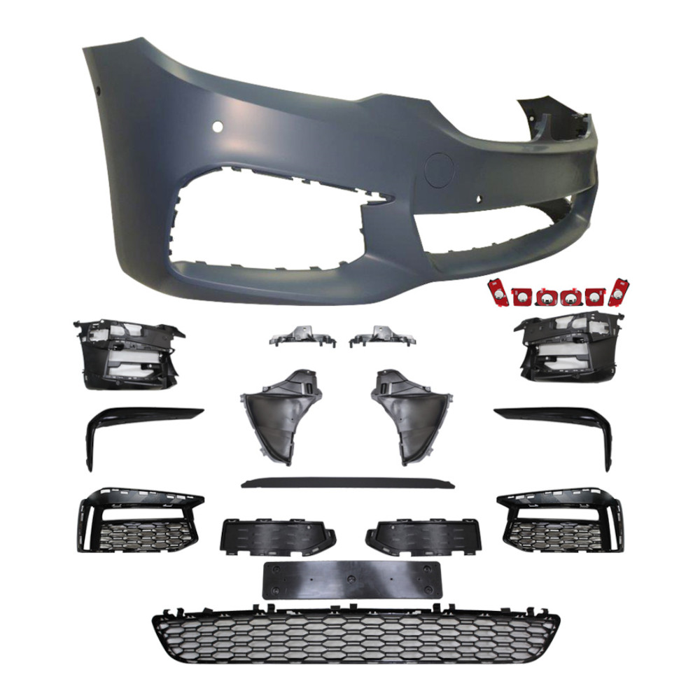 Set bara fata BMW Seria 5 (G30/G31), 05.2017-08.20, cu 6 gauri senzori parcare; grunduit, de vopsit; type M-Tech; cu grile inferioare, cu bandouri; cu functie asistent de parcare, cu suport numar inmatriculare; cu 6 gauri lampa ceata; TUNING,
