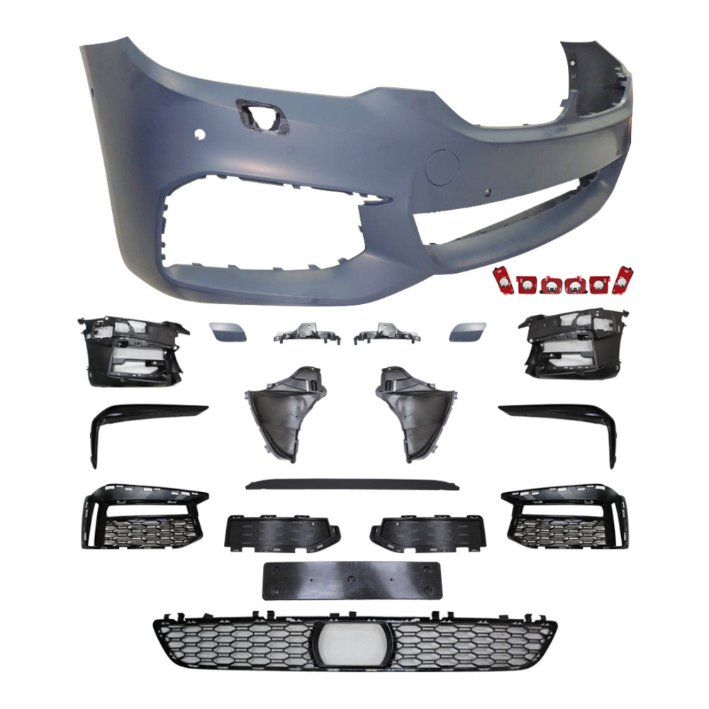 Set bara fata BMW Seria 5 (G30/G31), 05.2017-08.20, cu 6 gauri spalator si senzori parcare; grunduit, de vopsit; type M-Tech; cu grile inferioare, cu bandouri; cu ACC, cu functie asistent de parcare, cu suport numar inmatriculare; cu 6 gauri lampa ceata;