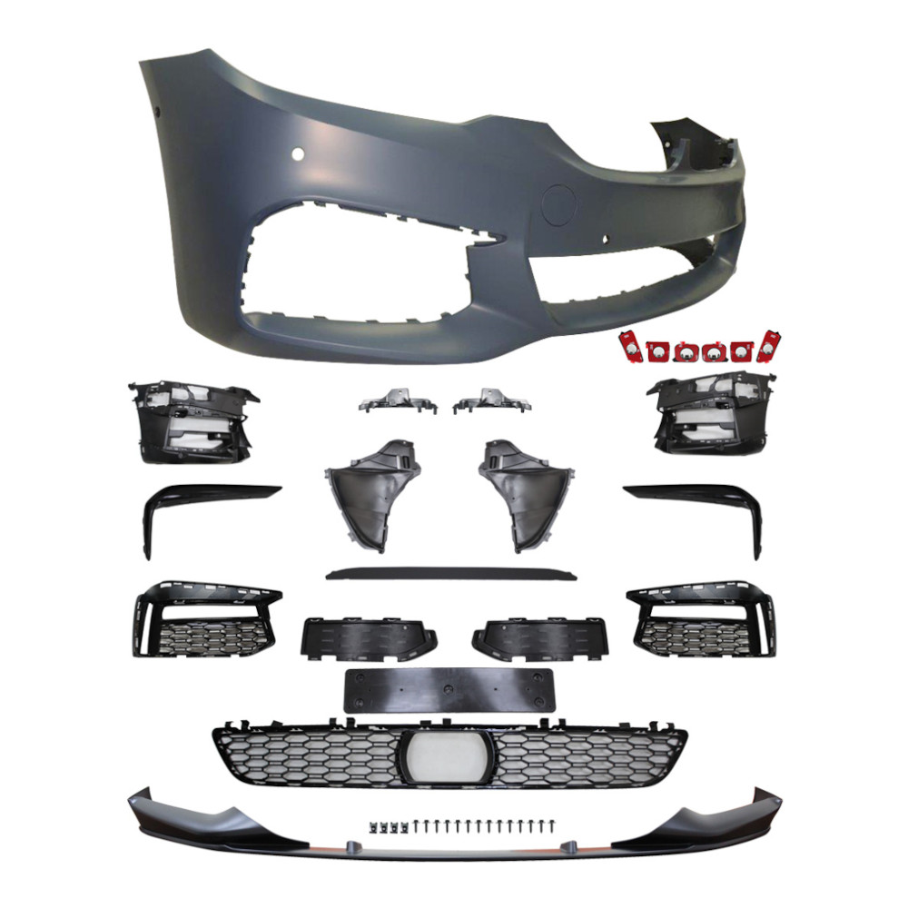 Set bara fata BMW Seria 5 (G30/G31), 05.2017-08.20, cu 6 gauri senzori parcare; grunduit, de vopsit; type M-Performance; cu grile inferioare, cu bandouri, cu spoiler; cu ACC, functie asistent parcare, cu suport numar; cu 6 gauri lampa ceata;