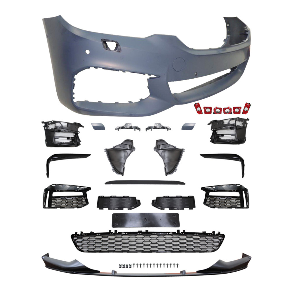 Set bara fata BMW Seria 5 (G30/G31), 05.2017-08.20, cu 6 gauri spalator si senzori parcare; grunduit, de vopsit; type M-Performance; cu grile, cu bandouri, cu spoiler; functie asistent parcare, cu suport numar; cu 6 gauri lampa ceata; TUNING,