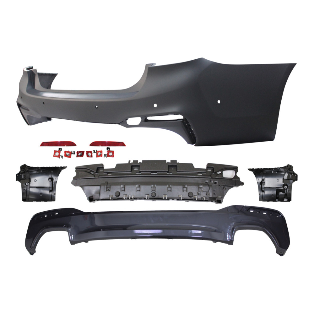 Set bara spate BMW Seria 5 (G30), 05.2017-08.20, cu suport inferior, cu catadioptri, cu gauri senzori parcare; grunduit, de vopsit; type M-Tech; cu spoiler; cu 2 gauri evacuare; TUNING,