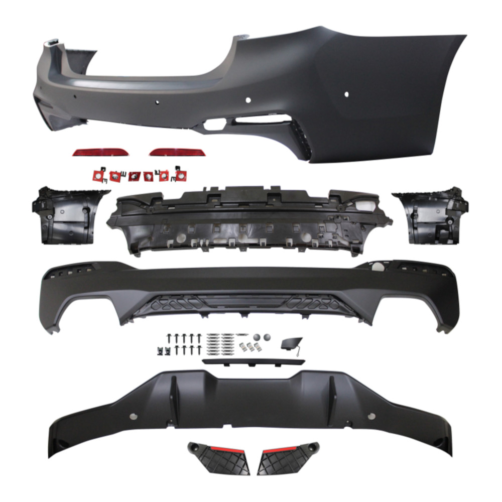 Set bara spate BMW Seria 5 (G30), 05.2017-08.20, cu suport inferior, cu catadioptri, cu gauri senzori parcare; grunduit, de vopsit; type M-Performance; cu spoiler; cu 2 gauri evacuare; TUNING,