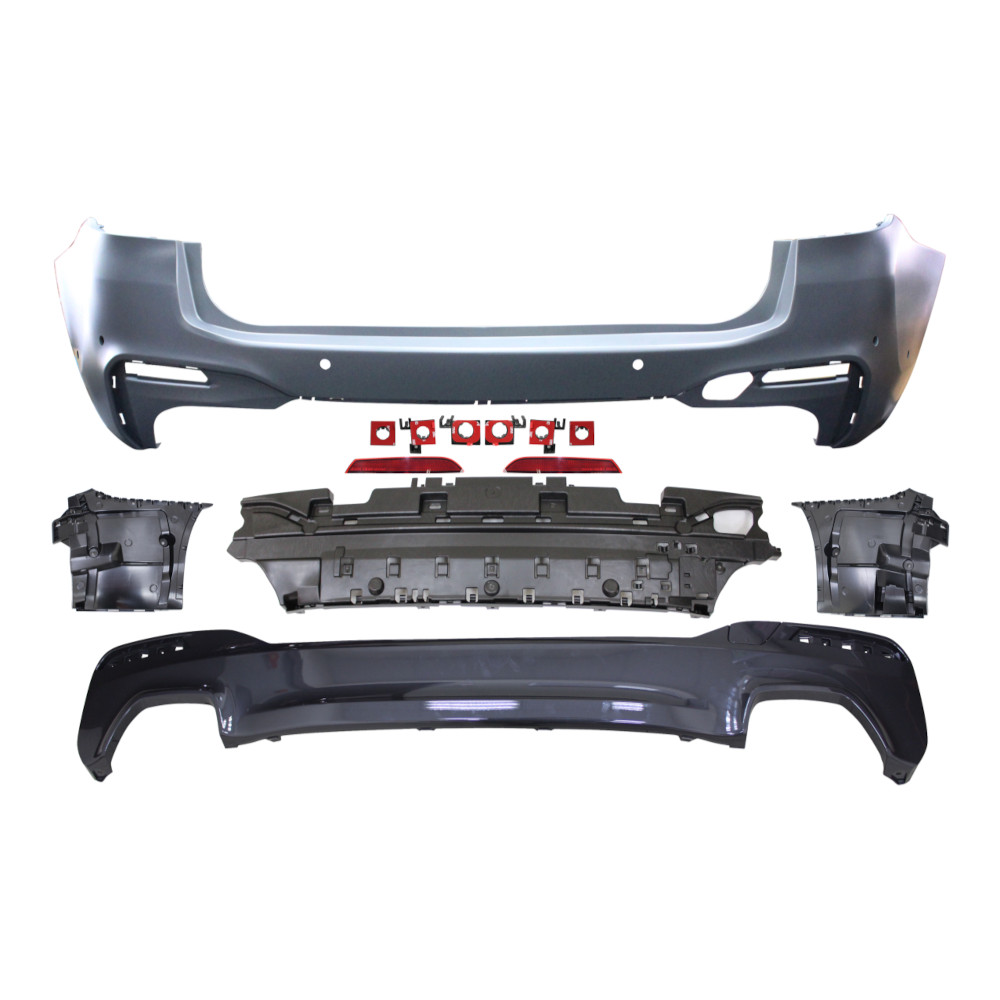Set bara spate BMW Seria 5 (G31), 05.2017-08.20, cu suport inferior, cu catadioptri, cu gauri senzori parcare; grunduit, de vopsit; type M-Tech; cu spoiler; cu 2 gauri evacuare; TUNING,