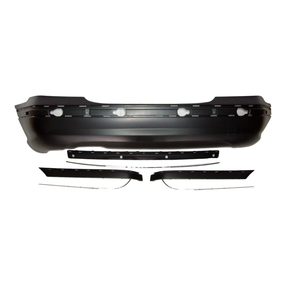 Set bara spate MERCEDES Clasa C (W203) 05.2000-03.2007 Sedan, cu gauri senzori parcare; grunduit, de vopsit; type AMG; cu bandouri; cu 3 ornamente cromate; TUNING,
