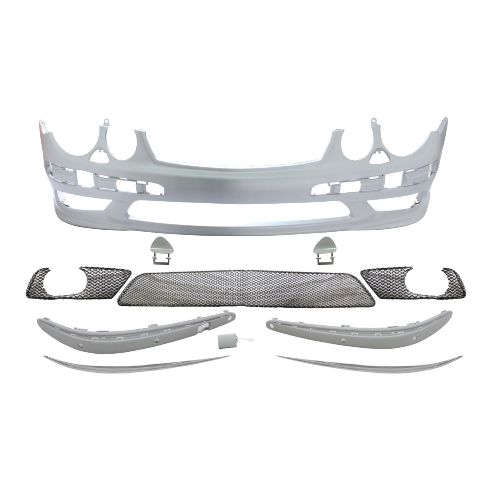 Set bara fata MERCEDES Clasa E (W211) 03.2002-06.2006, cu 6 gauri spalator si senzori parcare; grunduit, de vopsit; type AMG; cu grile inferioare, cu bandouri; cu 6 gauri lampa ceata; TUNING,