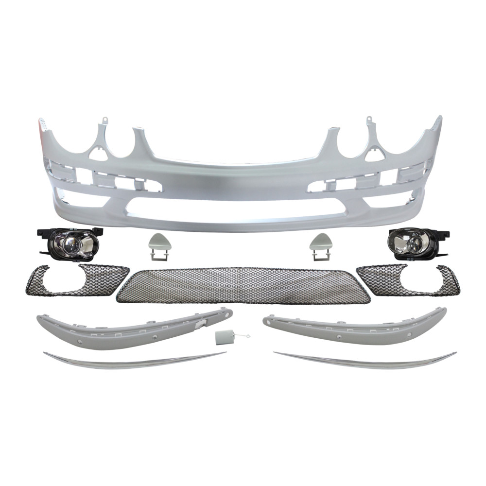 Set bara fata MERCEDES Clasa E (W211) 03.2002-06.2006, cu lampi ceata, cu 6 gauri spalator si senzori parcare; grunduit, de vopsit; type AMG; cu grile inferioare, cu bandouri; cu 6 gauri lampa ceata; TUNING,
