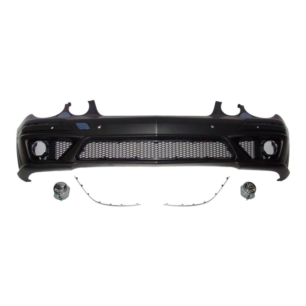 Set bara fata MERCEDES Clasa E (W211) SDN/ESTATE, 06.2006-12.2009, cu lampi ceata, cu 6 gauri spalator si senzori parcare; grunduit, de vopsit; type E63 AMG; cu grile inferioare, cu bandouri; cu 6 gauri lampa ceata; TUNING,