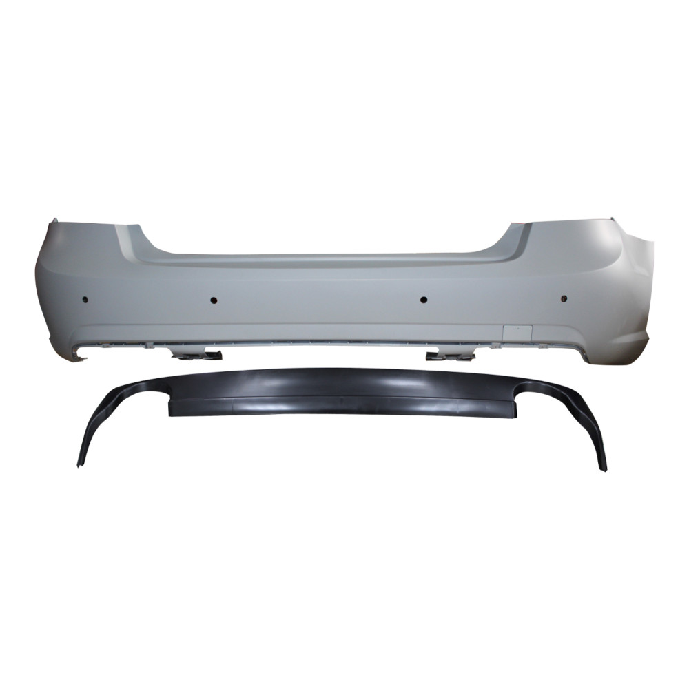 Set bara spate MERCEDES Clasa E (W212) Sedan, 09.2009-02.2013, cu gauri senzori parcare; grunduit, de vopsit; type AMG; cu spoiler; cu 2 gauri evacuare; TUNING,