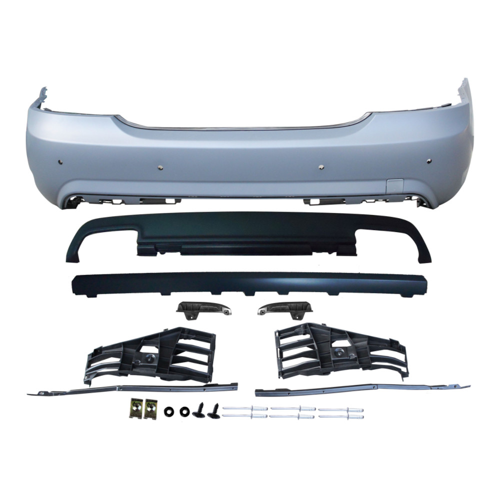 Set bara spate MERCEDES Clasa S (W221) 09.2005-09.2013, cu gauri senzori parcare; grunduit, de vopsit; type AMG; cu elemente de fixare, cu spoiler; cu 2 gauri evacuare; TUNING,