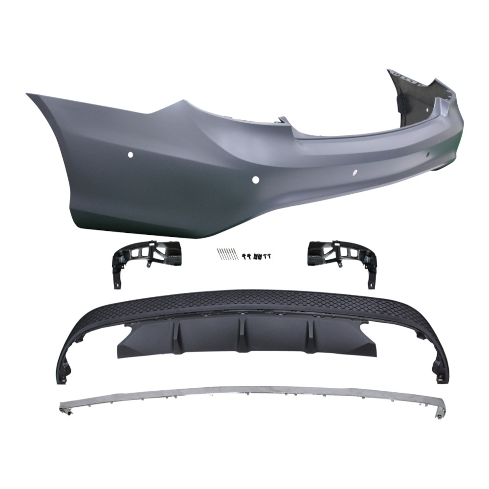 Set bara spate MERCEDES Clasa E COUPE/CABRIO (C207), 01.2013-, cu gauri senzori parcare; grunduit, de vopsit; type AMG; cu elemente de fixare, cu spoiler; cu bandou crom, cu 2 gauri evacuare; TUNING,