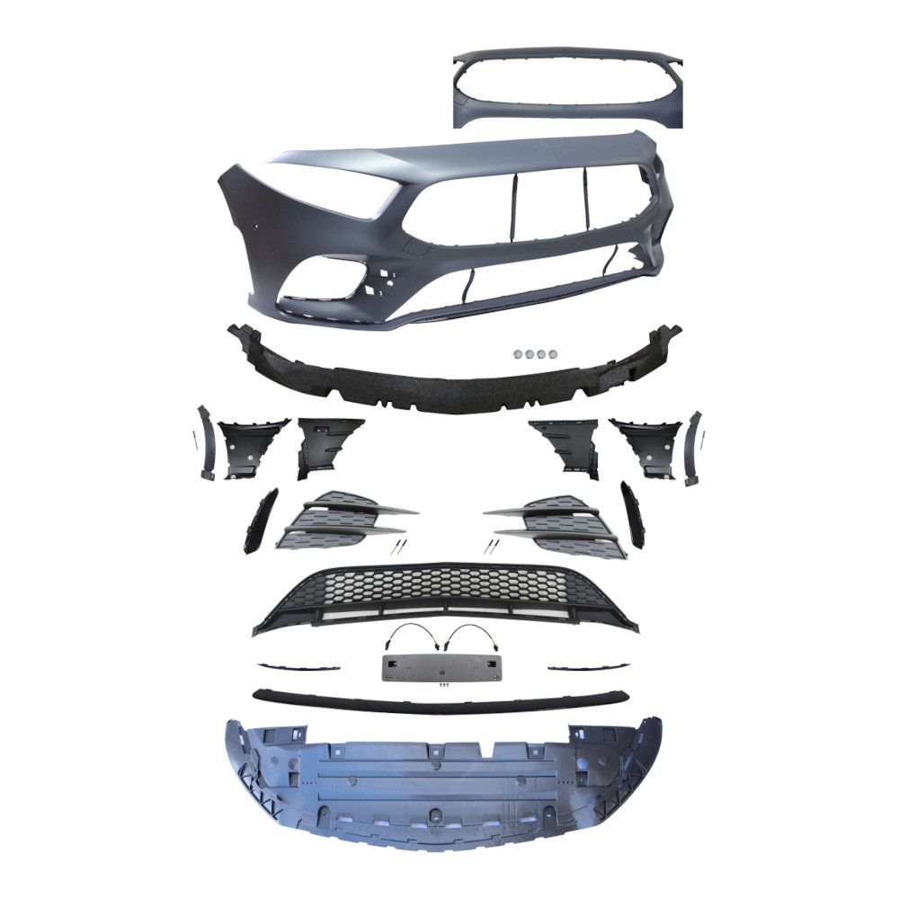 Set bara fata MERCEDES CLASA A (W177), 06.2018-, cu / fara capac senzor parcare, cu 4 gauri senzori parcare; grunduit, de vopsit; type A35 AMG; cu grile inferioare, cu spoiler; cu functie asistent de parcare, cu suport numar; TUNING, Hatchback, SEDAN,