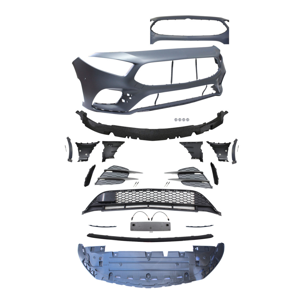 Set bara fata MERCEDES CLASA A (W177), 06.2018-, cu / fara capac senzor parcare, 4 gauri senzori parcare; grunduit, de vopsit; type A35 AMG; cu grile, cu spoiler; pt oglinzi cu camera, cu ACC, functie asistent parcare, suport numar; Hatchback, SEDAN,