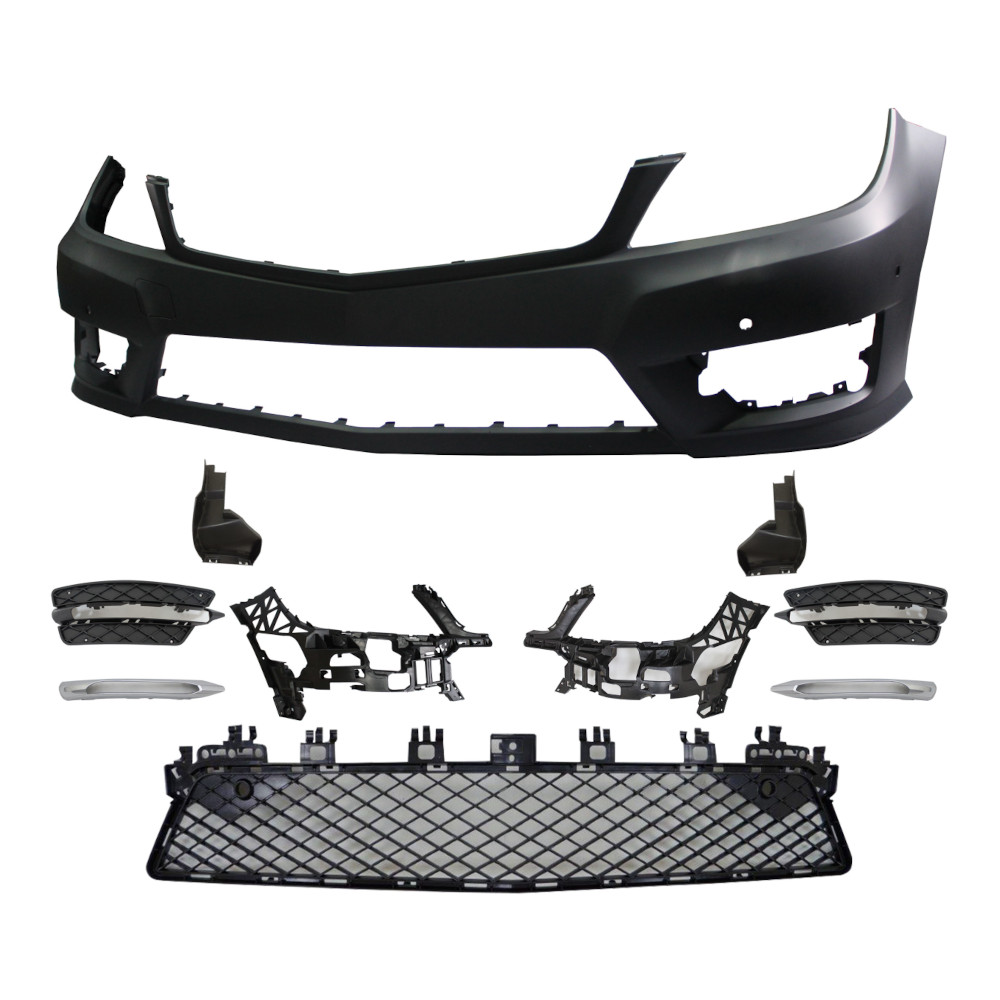 Set bara fata MERCEDES C-CLASS (W204), 03.2011-, cu 6 gauri senzori parcare; grunduit, de vopsit; type AMG, cu 6 gauri lumini de zi; cu grile inferioare; TUNING,