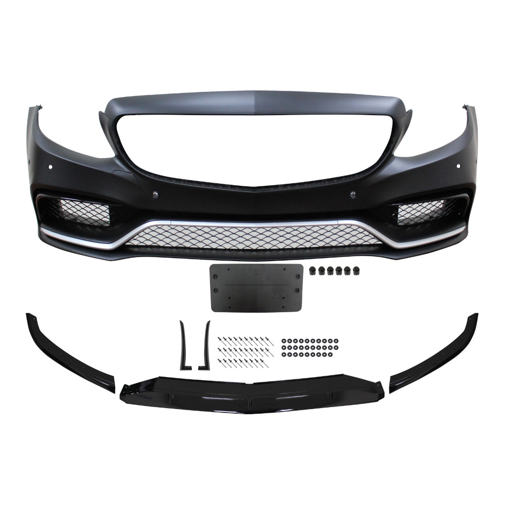 Set bara fata MERCEDES C-CLASS (W205), 01.2014-2019, cu / fara capac senzor parcare, cu 6 gauri senzori parcare; grunduit, de vopsit; type C63 AMG, cu satin bandouri; cu grile inferioare, cu spoiler; cu suport numar inmatriculare; TUNING,