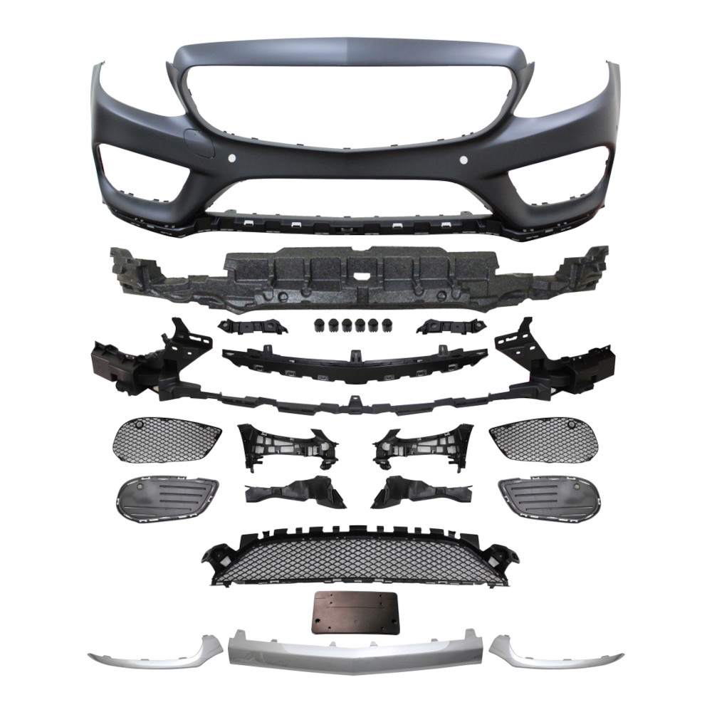 Set bara fata MERCEDES C-CLASS (W205), 01.2014-2019, cu / fara capac senzor parcare, cu 6 gauri senzori parcare; grunduit, de vopsit; type AMG; cu grile inferioare; cu 3 ornamente cromate, cu suport numar inmatriculare; TUNING,