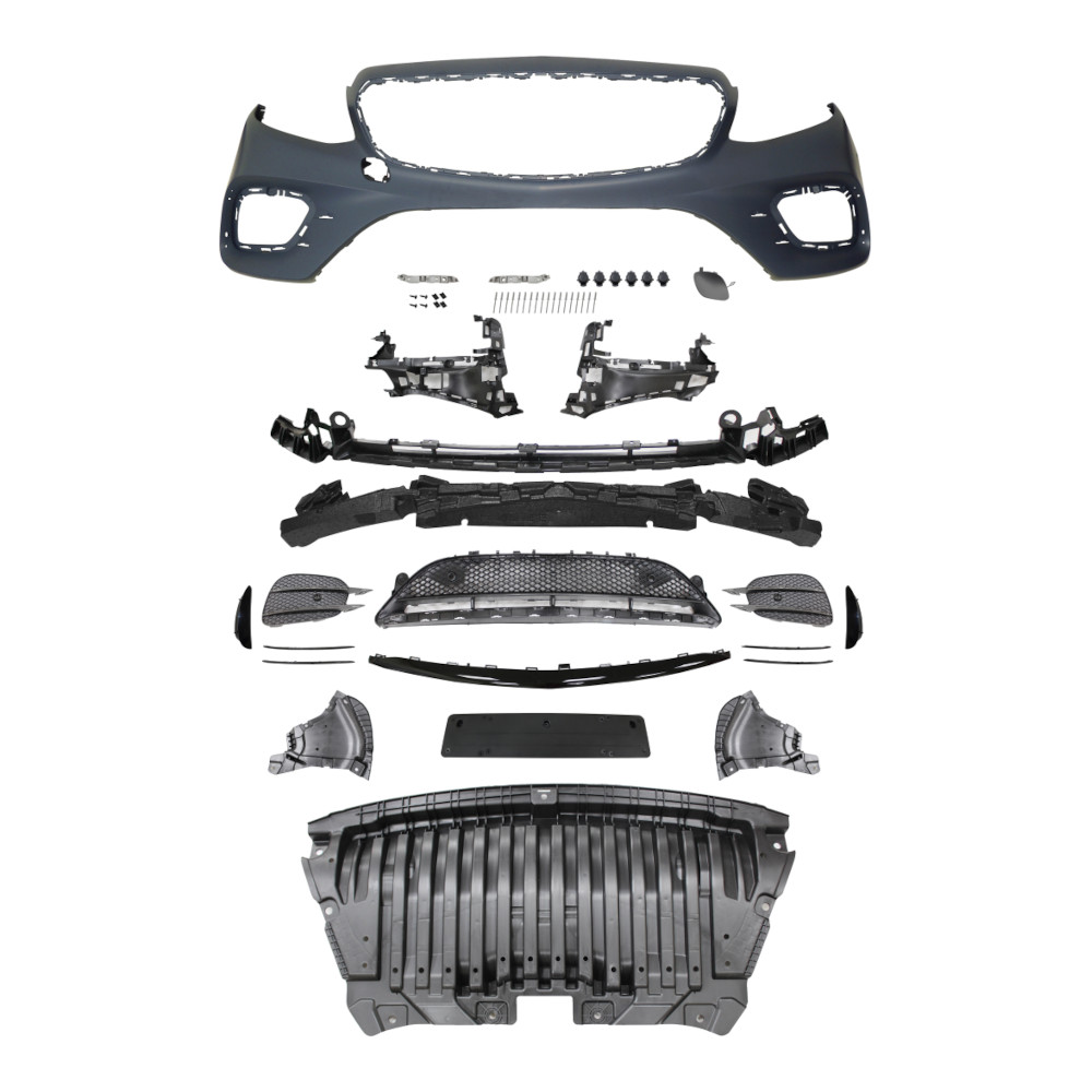 Set bara fata MERCEDES Clasa E (W213), 03.2016-, cu / fara capac senzor parcare, cu 6 gauri senzori parcare; grunduit, de vopsit; Night Package, type E43 AMG; cu grile inferioare, cu bandouri, cu bara cover set; cu suport numar inmatriculare; TUNING,