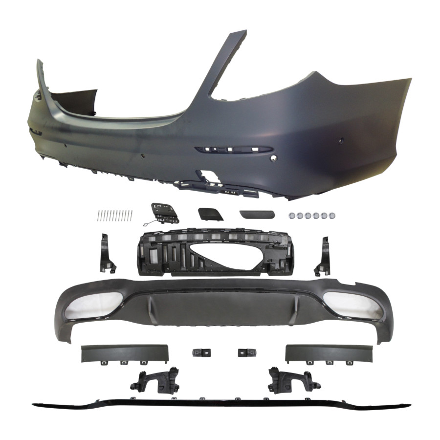 Set bara spate MERCEDES Clasa E (W213), 03.2016-, cu / fara capac senzor parcare, cu ornament negru, cu gauri senzori parcare; grunduit, de vopsit; type E43 AMG; cu absorber, cu elemente de fixare, cu spoiler; cu 2 gauri evacuare; TUNING, Sedan,