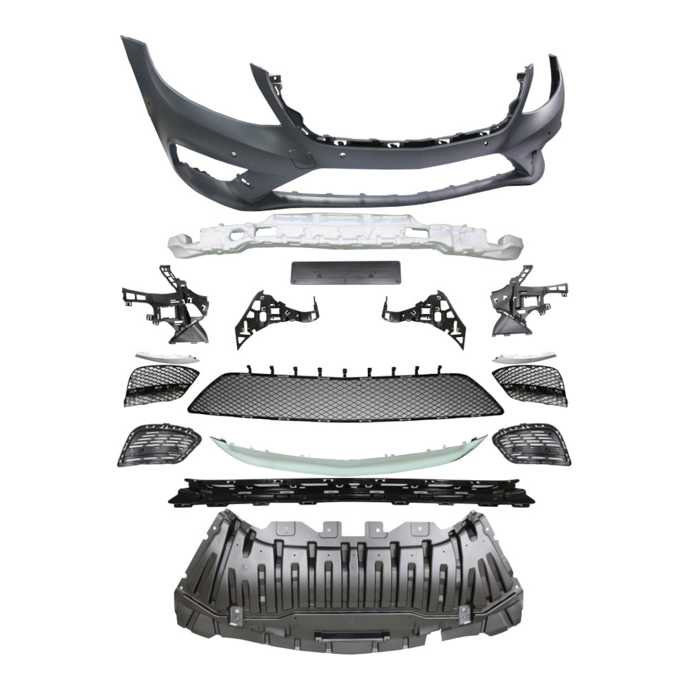 Set bara fata MERCEDES Clasa S (W222), 08.2013-08.2017, cu 6 gauri senzori parcare; grunduit, de vopsit; type AMG; cu grile inferioare, cu bandouri; cu suport numar inmatriculare; TUNING,