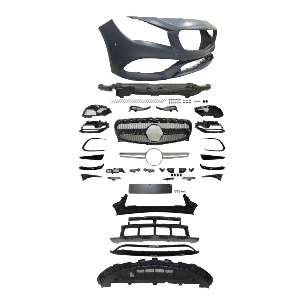 Set bara fata MERCEDES CLA-CLASS (C117), 04.2013-, cu / fara capac senzor parcare, cu 6 gauri senzori parcare; grunduit, de vopsit; type A45 AMG; cu grile, cu bandouri, cu bara cover set; cu functie asistent de parcare, cu suport numar inmatriculare