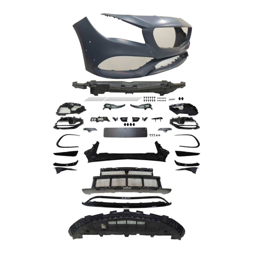 Set bara fata MERCEDES CLA-CLASS (C117), 04.2013-, cu / fara capac senzor parcare, cu 6 gauri senzori parcare; grunduit, de vopsit; type A45 AMG; cu grile inferioare, cu bandouri; cu functie asistent de parcare, cu suport numar inmatriculare; TUNING,