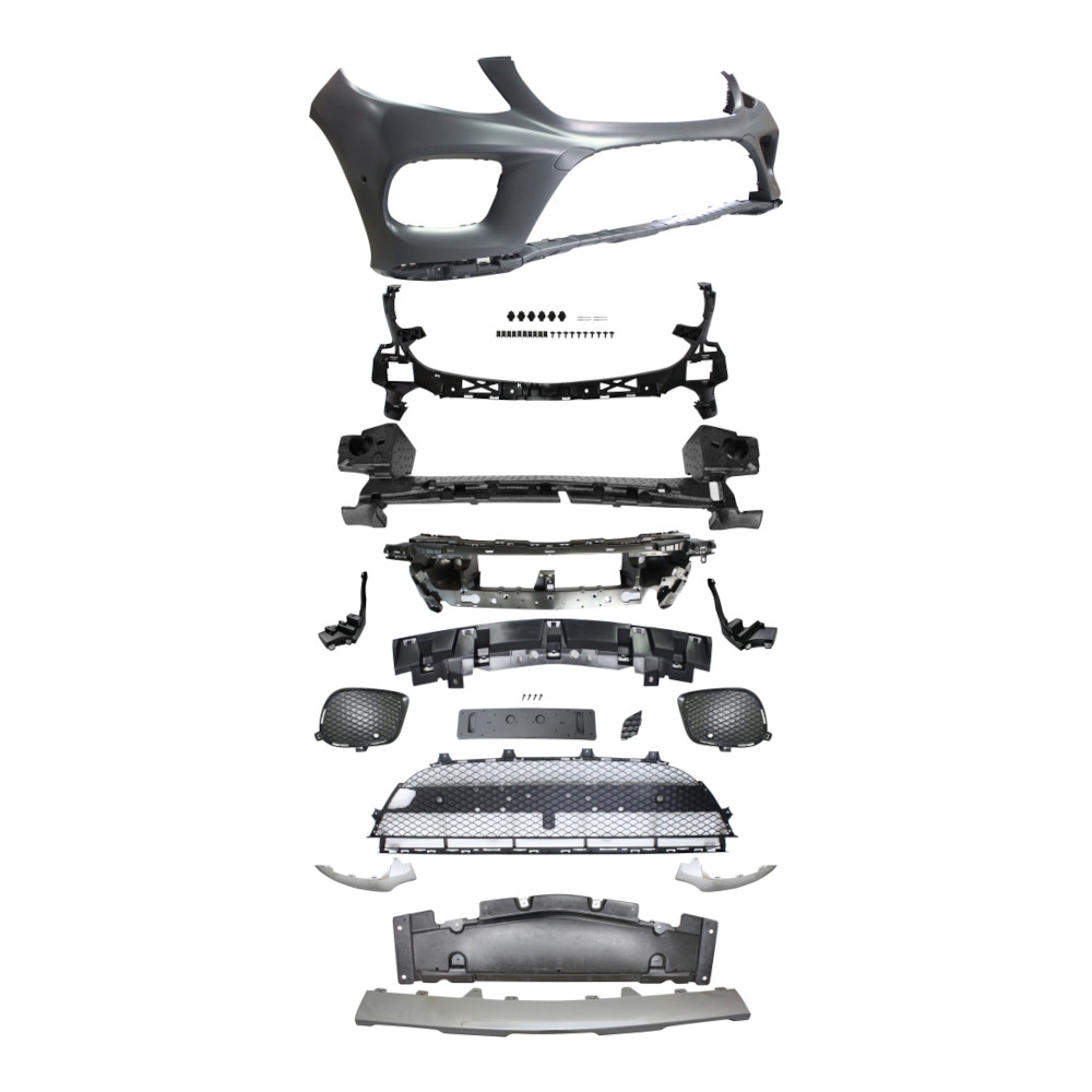 Set bara fata MERCEDES Clasa GLE (W166), 08.2015-03.20, cu / fara capac senzor parcare, cu 6 gauri senzori parcare; grunduit, de vopsit; type AMG; cu grile inferioare, cu bandouri; cu 3 ornamente cromate, cu suport numar inmatriculare; TUNING,