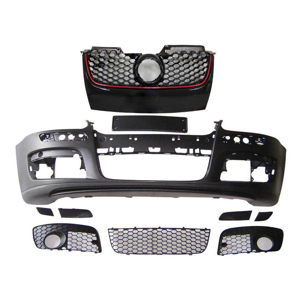 Set bara fata VW GOLF V (1K), 10.2003-05.2009, grunduit, de vopsit; type GTI; cu grile, cu bandouri; cu suport numar inmatriculare; cu gauri lampa ceata; TUNING,