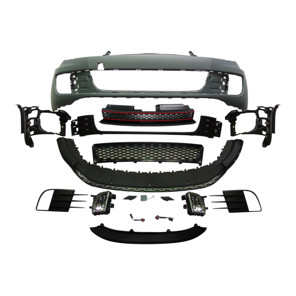 Set bara fata VW GOLF VI (5K), 10.2008-, cu lampi ceata, cu gauri spalator; grunduit, de vopsit; type GTI; cu grile, cu spoiler; cu gauri lampa ceata; TUNING,
