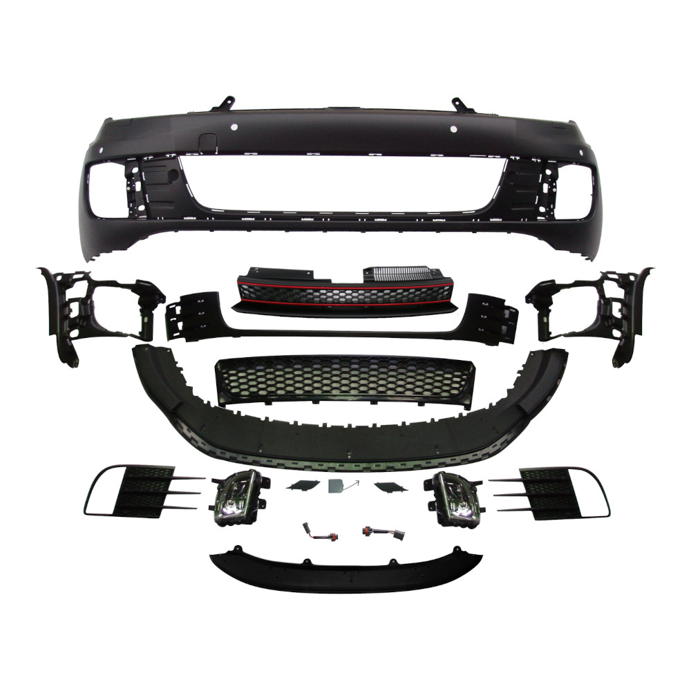 Set bara fata VW GOLF VI (5K), 10.2008-, cu lampi ceata, cu gauri spalator si 4 senzori parcare; grunduit, de vopsit; type GTI; cu grile, cu spoiler; cu gauri lampa ceata; TUNING,