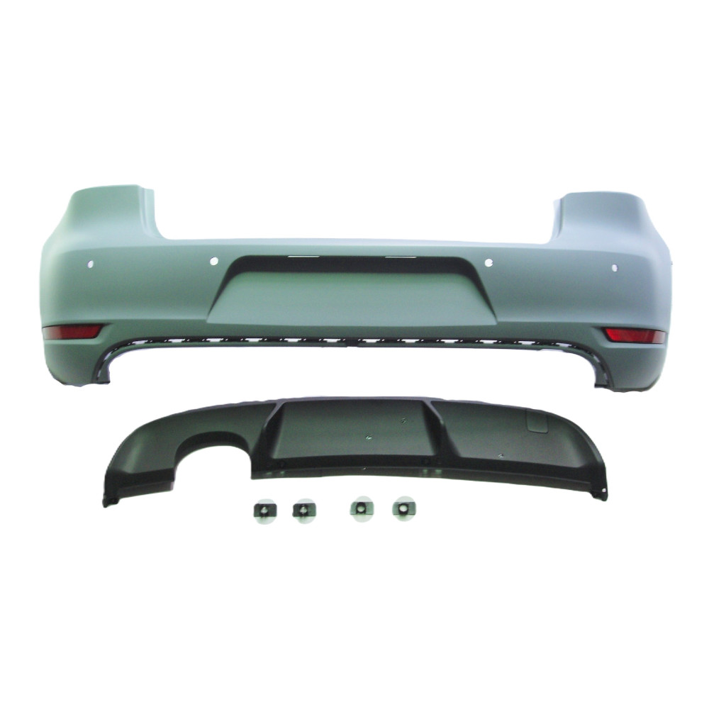 Set bara spate VW GOLF VI (5K), 10.2008-, cu catadioptri, cu gauri senzori parcare; grunduit, de vopsit; type GTI; cu spoiler; cu iesiri evacuare dubla; TUNING,
