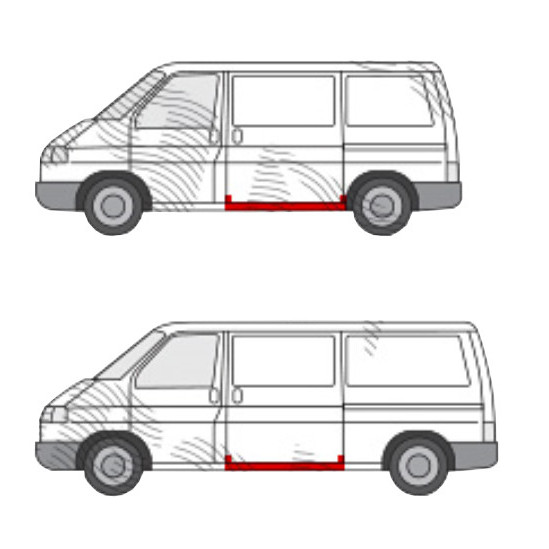 Segment reparatie prag VW TRANSPORTER (T4)/CARAVELLE/MULTIVAN, 07.1990-03.2003, partea stanga, metal galvanizat; sub usa culisanta, cu garnitura cu canelura; lungime 1400 mm,