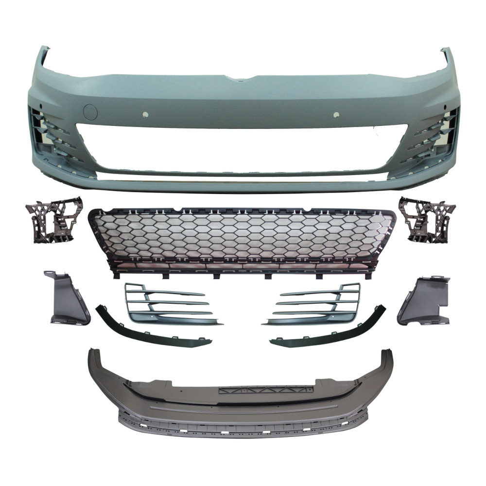 Set bara fata VW GOLF VII (5K), 10.2012-2017, cu 4 gauri senzori parcare; grunduit, de vopsit; type GTI; cu grile inferioare, cu spoiler; cu gauri lampa ceata; TUNING,