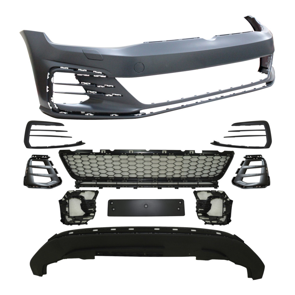 Set bara fata VW GOLF VII (5K), 2017-, cu gauri spalator; grunduit, de vopsit; type GTI; cu grile inferioare, cu spoiler; cu suport numar inmatriculare; cu gauri lampa ceata; TUNING,
