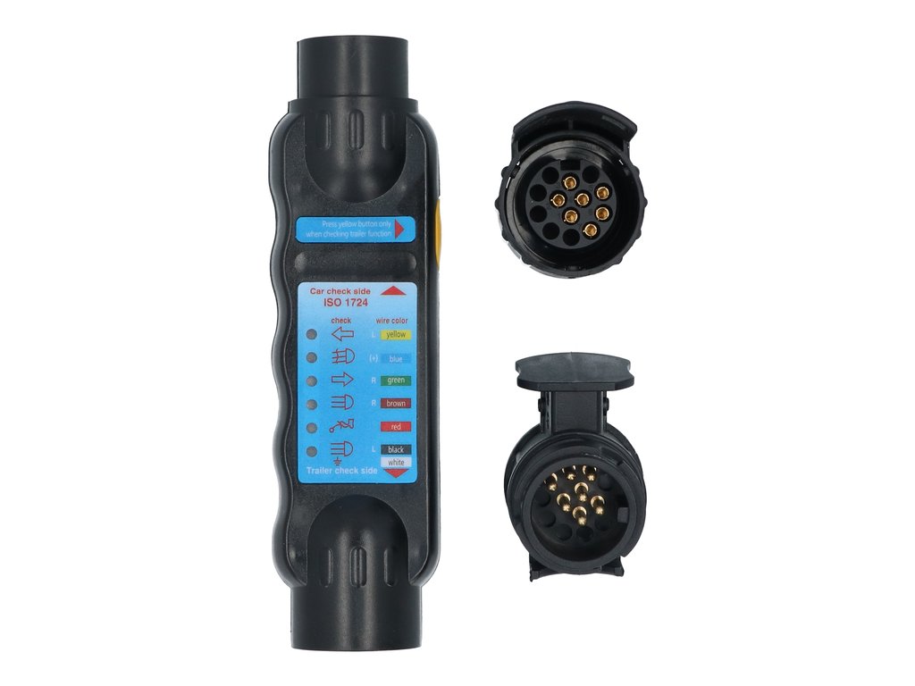Tester cu led Carpoint pentru lumini remorca 12V cu 7 pini fisa si priza, cu 2 adaptori pentru fisa de 13 pini