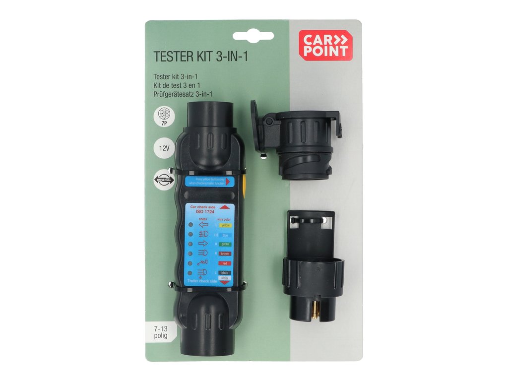 Tester cu led Carpoint pentru lumini remorca 12V cu 7 pini fisa si priza, cu 2 adaptori pentru fisa de 13 pini