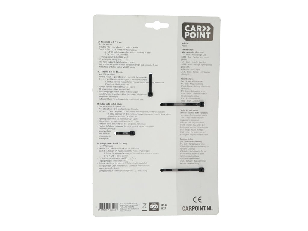 Tester cu led Carpoint pentru lumini remorca 12V cu 7 pini fisa si priza, cu 2 adaptori pentru fisa de 13 pini