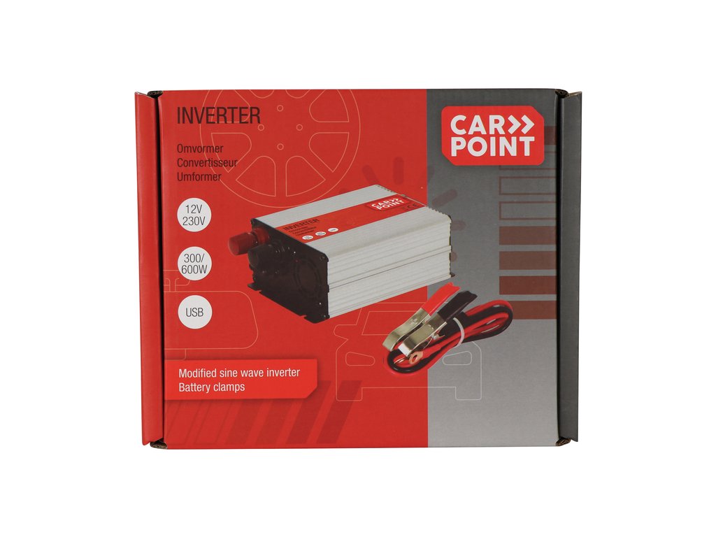 Invertor de tensiune auto Carpoint 12V-230V 300W 50Hz cu protectii la supra-sarcina , scurt-circuit, Port USB