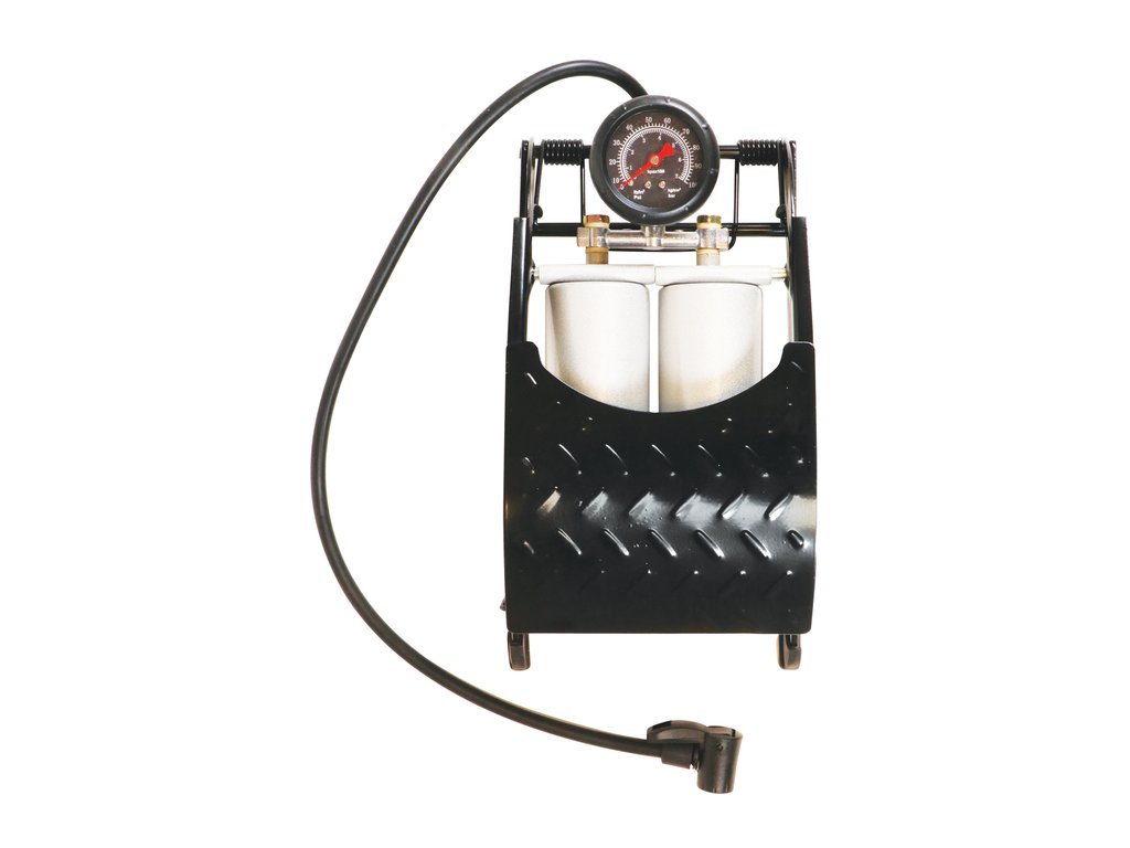 Pompa aer auto Carpoint de picior dubla cu 2 cilindri si manometru , 7 bar 100psi, 28x15cm, Model Premium