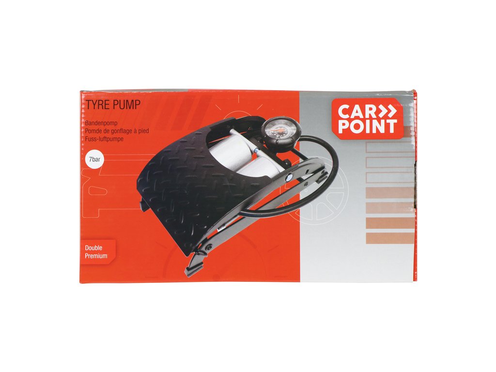 Pompa aer auto Carpoint de picior dubla cu 2 cilindri si manometru , 7 bar 100psi, 28x15cm, Model Premium
