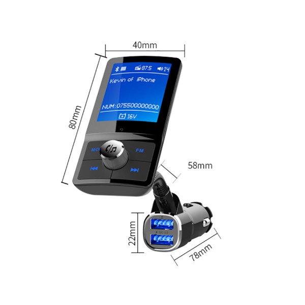Modulator FM Bluetooth, HandsFree, cu display LCD 1.77 inch, 2 iesiri USB 5V 1A/3A, indicator voltaj baterie