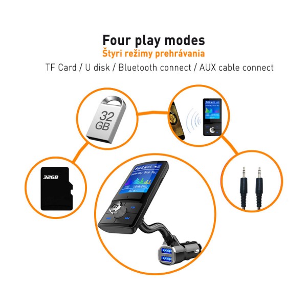 Modulator FM Bluetooth, HandsFree, cu display LCD 1.77 inch, 2 iesiri USB 5V 1A/3A, indicator voltaj baterie