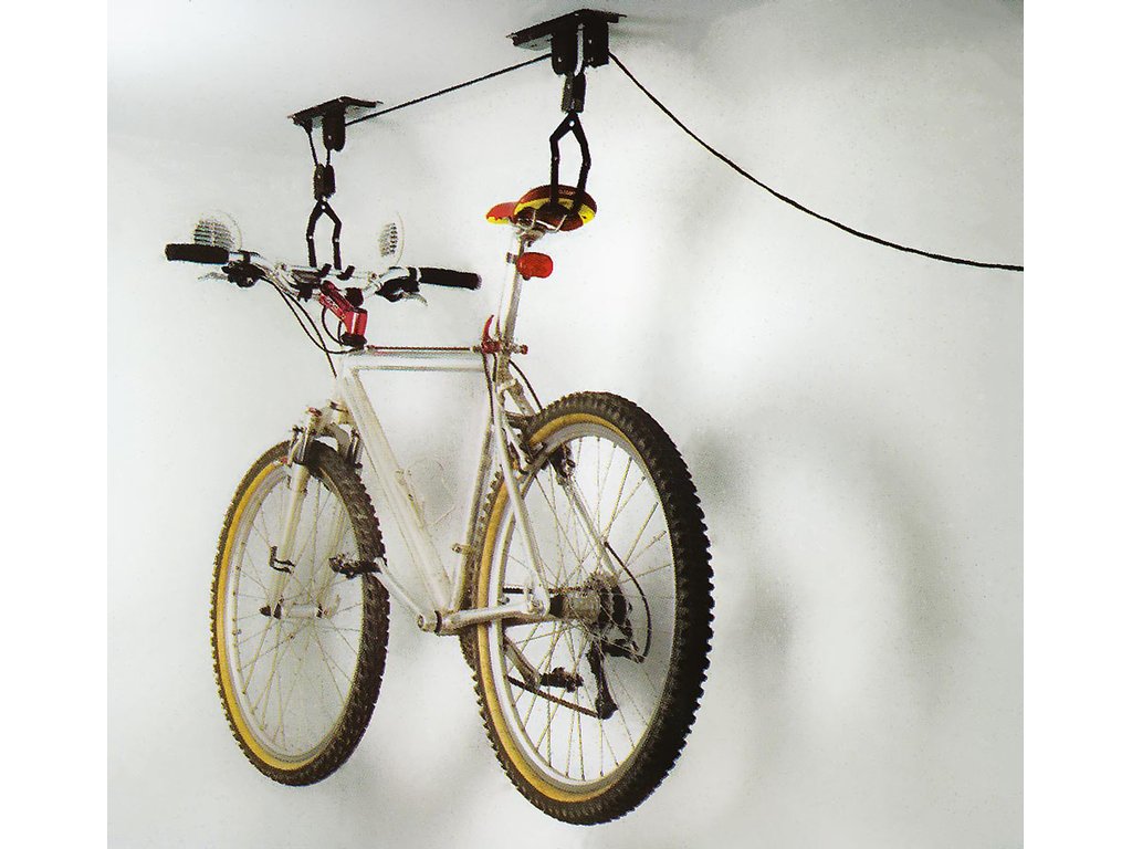 Suport bicicleta Dresco scripete, fixare tavan, carlige duble, material otel, maxim 20 kg, negru