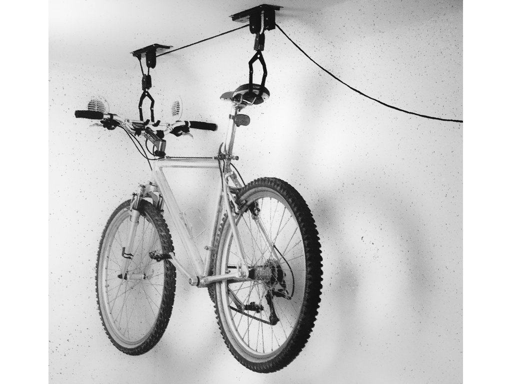 Suport bicicleta Dresco scripete, fixare tavan, carlige duble, material otel, maxim 20 kg, negru