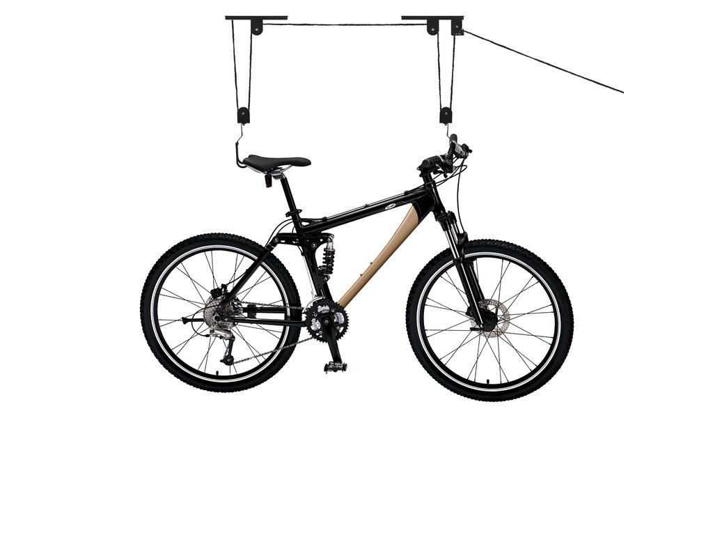 Suport bicicleta Dresco scripete, fixare tavan, carlige duble, material otel, maxim 20 kg, negru
