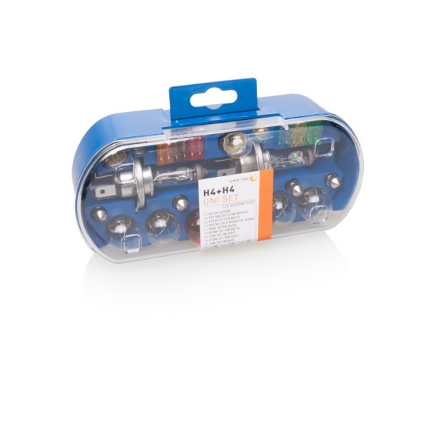 Set becuri rezerva cu doua becuri H4 ,Trusa becuri Auto + Sigurante Vecta 19 piese