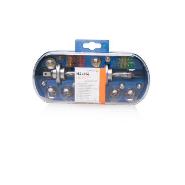 Set becuri rezerva cu doua becuri H4 ,Trusa becuri Auto + Sigurante Vecta 19 piese