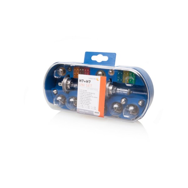 Set becuri rezerva cu doua becuri H7 55W ,Trusa becuri Auto + Sigurante Vecta 19 piese