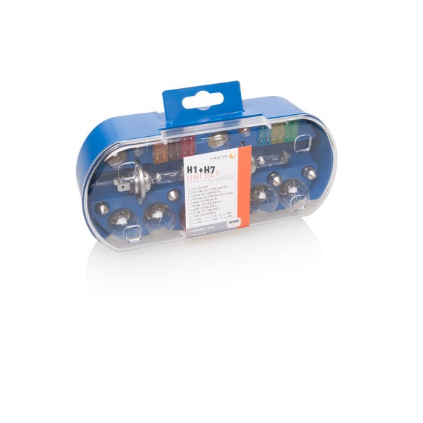 Set becuri rezerva H1 + H7 55W ,Trusa becuri Auto + Sigurante Vecta 19 piese
